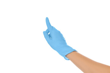 Gloved hand pointing in a clean space, isolated on white, PNG