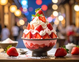 A large, vibrant dessert bowl, overflowing with layers of strawberry, whipped cream, and sweet toppings, is presented against a softly blurred background of glowing lights.
