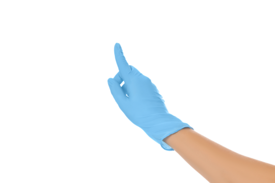 Gloved hand pointing in a clean space, isolated on white, PNG