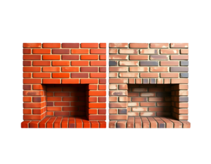 Two brick fireplaces, red and brown, with open hearths, isolated on transparent background.