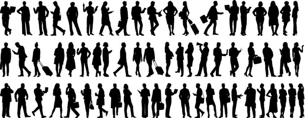 set of business people silhouettes.  Business people walking, working, talking, using mobile and laptop, travelling, reading and brainstorming. 