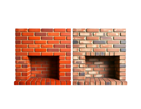 Two brick fireplaces, red and brown, with open hearths, isolated on transparent background.