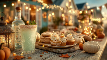 Obraz premium Festive autumn gathering with cocktails, sweet treats, and warm lighting at a cozy outdoor setting