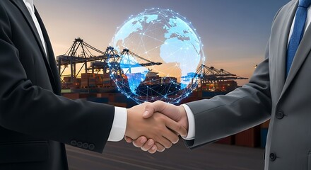 Global business partners shaking hands on international trade deal near shipping port at sunset