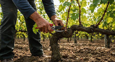 Obraz premium A vineyard worker meticulously pruning grapevines using shears.
