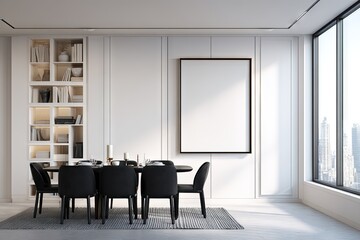 Modern dining room with built-in shelving.