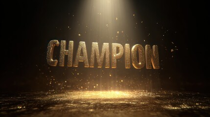 Golden champion text with spotlight effect for victory and success concept