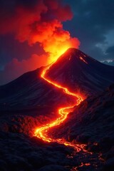 Molten lava flows relentlessly down a volcanic slope, glowing intensely against the night sky A dramatic display of nature's raw power and fiery destruction , orange, nature