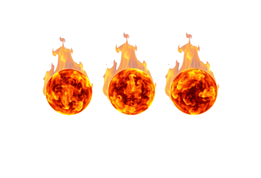 Fiery orbs with flame, burning spheres on transparent, fireball effect