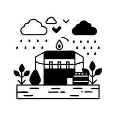 Naklejka premium Abstract black and white illustration depicting rain falling on a structure with plants and water icon