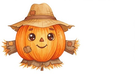 a cute cartoon pumpkin character dressed as scarecrow in a colorful watercolor style illustration for autumn and halloween decorations