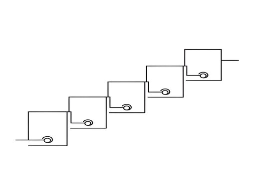 Simple black and white line art diagram illustrating a cascading process with sequential steps, representing an abstract workflow or data flow concept