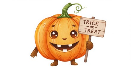 a cute cartoon pumpkin character holding a trick or treat sign illustration in watercolor style for halloween decoration