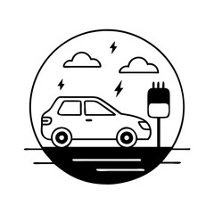 Circular icon of an electric car charging at a station with clouds and lightning bolts icon