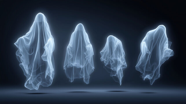 Ethereal Apparition: A spectral image of phantoms, shrouded in flowing sheets, float against a darkened backdrop. conveying a sense of the supernatural.