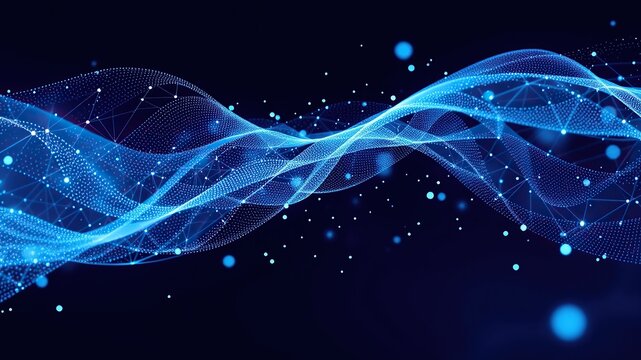 Futuristic blue digital wave with glowing particles and abstract technology background"