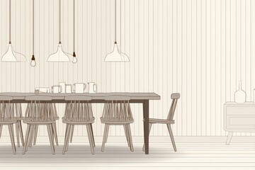 Dining room scene with long table and chairs.