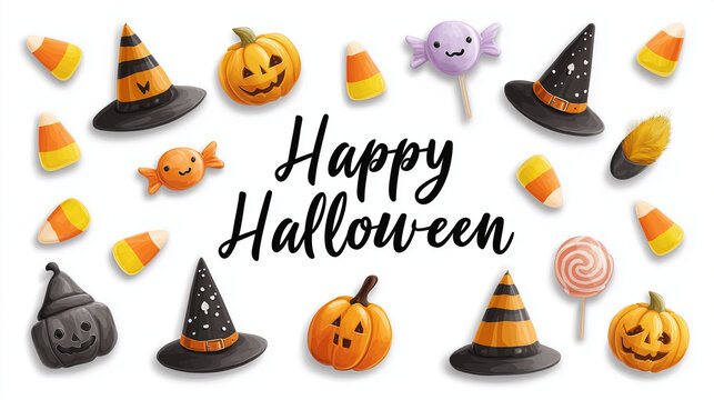Halloween Delight: An artful arrangement of festive confectionery and whimsical decorations spells out Happy Halloween, creating a playful and inviting atmosphere.