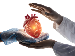 Two gloved hands gently cradling a translucent anatomical heart glowing with inner light against a black background isolated on a transparent background