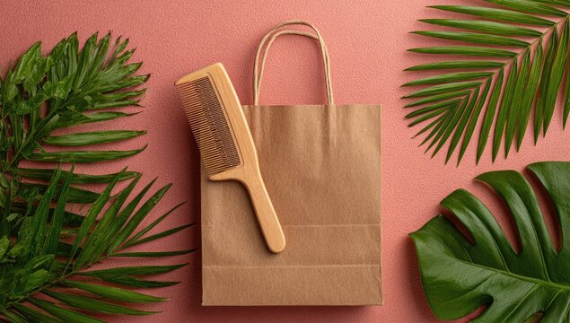 Brown paper bag with wooden comb, tropical leaves on pink - Powered by Adobe