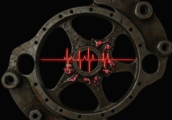 Obraz premium A rusted engine component with a superimposed heartbeat graphic, showcasing a dark metallic hue and intricate details.