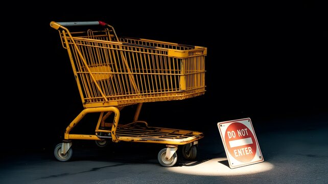 Weathered yellow shopping cart, heavily rusted, set against a stark black background.
