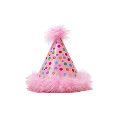 a pink party hat with colorful polka dots on transparent background