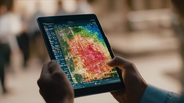 Medium shot featuring a closeup of a tablet showing a detailed DFD with colorcoded threat zones with the users focused hands and blurred surroundings.