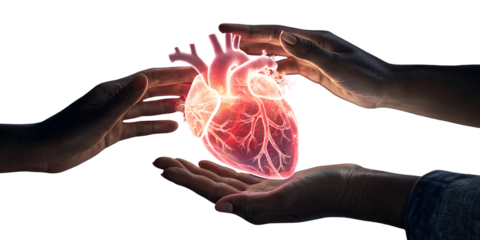 Two Hands Gently Supporting a Translucent Red Human Heart Hologram Against a Black Background isolated on a transparent background