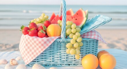 Fruit Basket on Beach with Grapes, Watermelon, Strawberries
