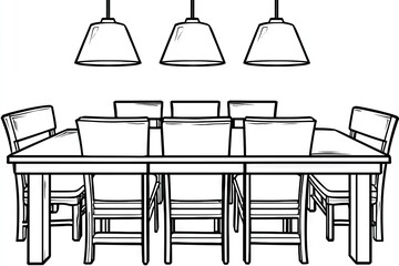 Simple line drawing of a dining table and chairs.