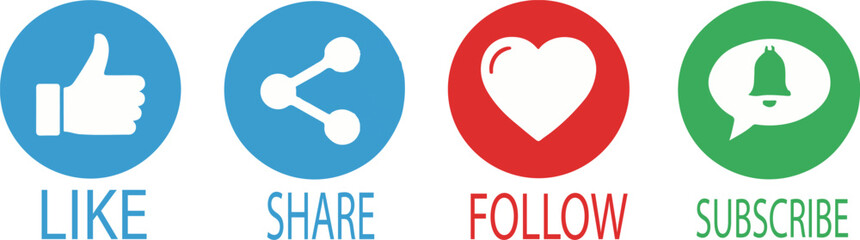 Like, Share, Follow, Subscribe Icons for Social Media Engagement | Thumbs Up, Network, Heart, Notification Symbols for Website and App Marketing