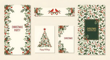 Collection of christmas stationery and greeting cards featuring a festive holly and berry border design with birds and a christmas tree