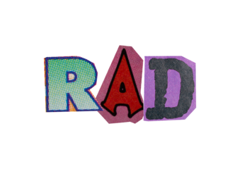 Ransom word "rad" from printout magazine cutout, collage element for graphic design isolated on transparent background