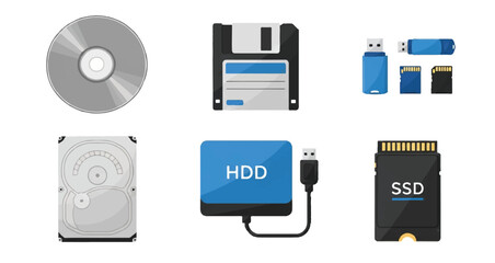 Fototapeta premium Data Storage Devices: SSD, HDD, Flash Drive, and Disk Icons | Digital Memory Solutions for Computer Hardware and Technology Marketing