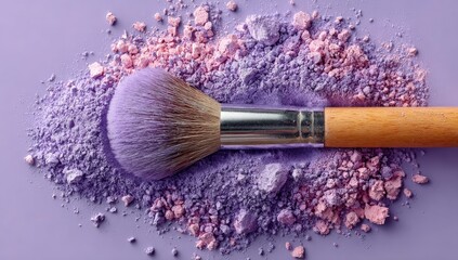 Makeup brush nestled in pastel purple powder