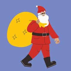 Santa Claus carrying bag of gifts. Christmas character in linear flat style.