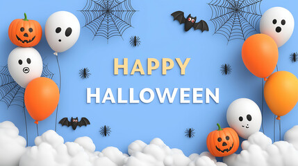 Spooky Halloween Decor: A festive, digitally crafted scene with the playful phrase Happy Halloween, featuring cheerful pumpkins, ghostly balloons, creepy cobwebs.