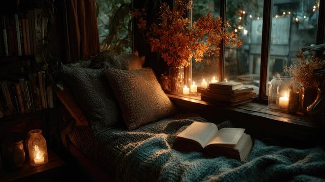 Cozy reading nook with warm lighting, stacked books, a soft blanket, and candles creating a tranquil and inviting atmosphere for relaxation and enjoyment