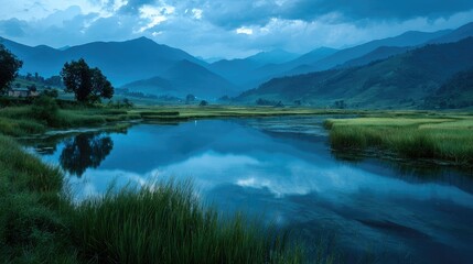 Fototapeta premium Serene lake reflects moody mountains