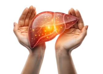 Two Hands Gently Supporting a Translucent Holographic Human Liver with Internal Glowing Orange and Red Hues isolated on a transparent background