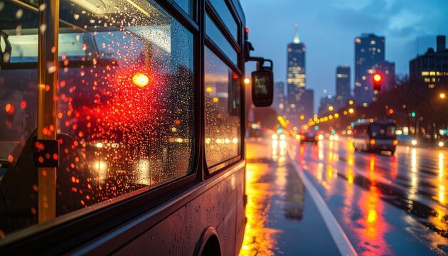 A rain-swept city at twilight captured from a bus window, the urban landscape reflecting neon lights, creates a moody atmosphere.