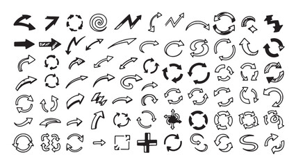 Conjunto de iconos de flechas de diferentes estilos. Flecha de rotación, doble flecha, subir, descargar. Ilustración vectorial 