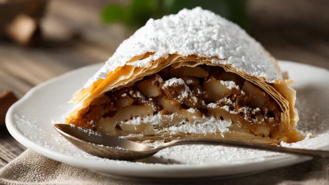 Apple strudel slice closeup