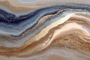 Obraz premium Abstract marble-like texture with flowing, wavy lines of muted tones, gold and glittery accents