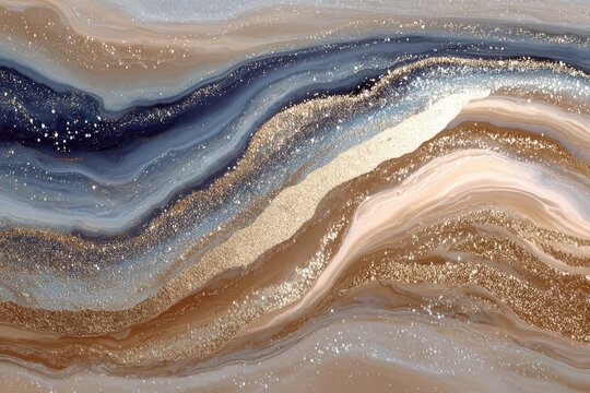Abstract marble-like texture with flowing, wavy lines of muted tones, gold and glittery accents