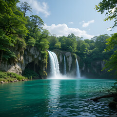 Obraz premium Plitvice Lakes National Park in Croatia. The large waterfall. Travel photo. Landscape