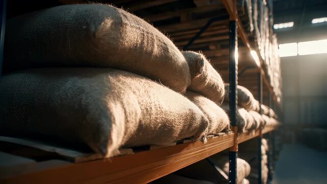 Medium shot of a warehouse shelf filled with bales spotlight on a prominently placed bale in focus while surrounding shelves softly fade indicating systematic storage solutions in