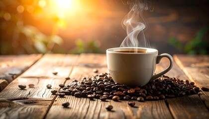 Coffee Cup on Wooden Table Sunrise