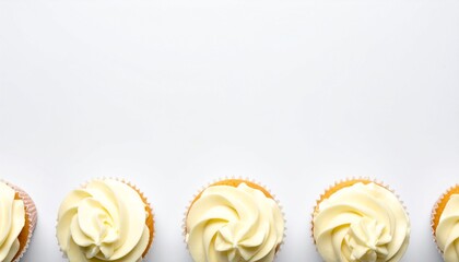 A row of cupcakes with white frosting, arranged along the bottom edge against a plain white background.